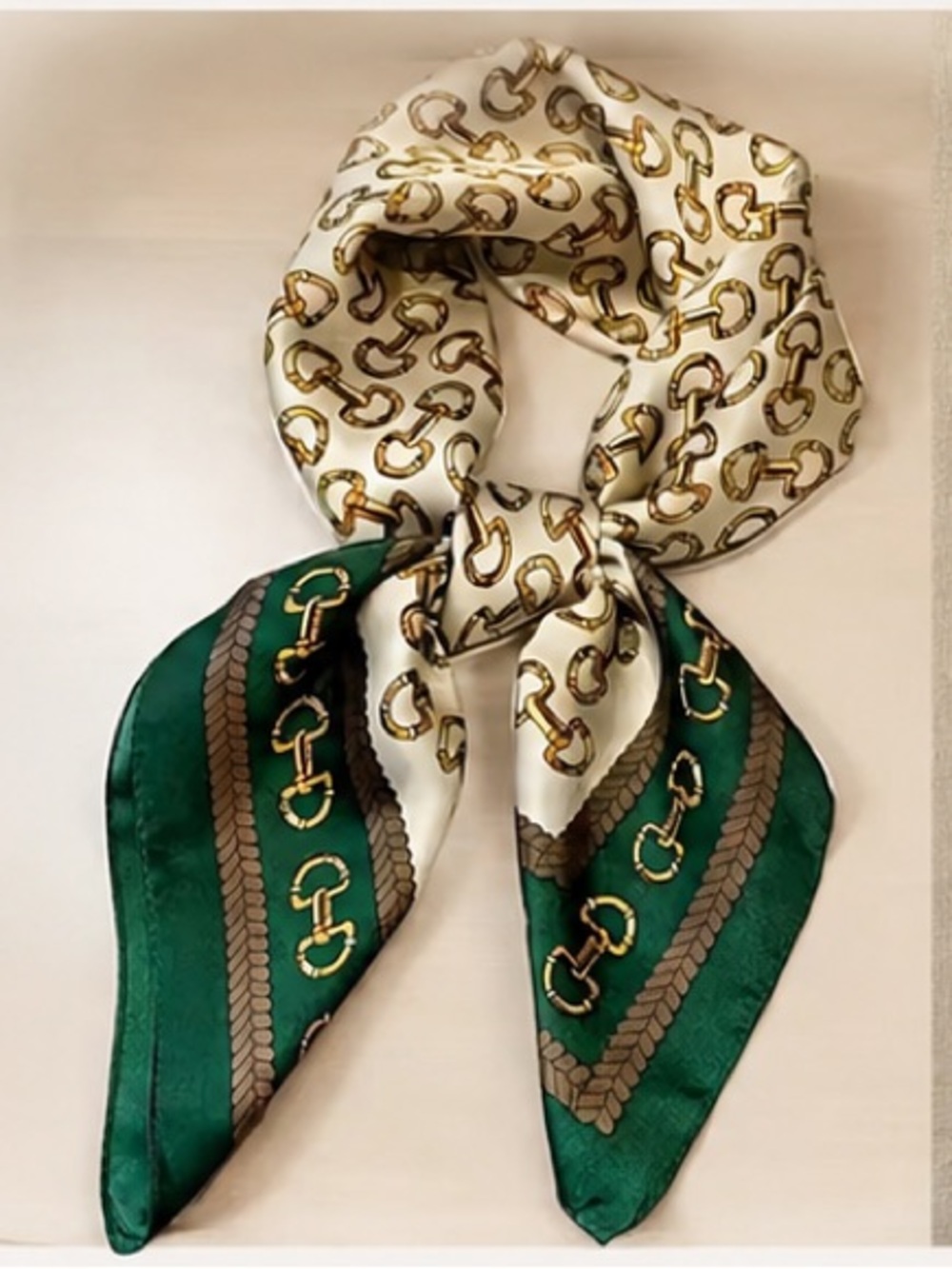 Silk Chain-Print Head Wrap in Cream & Green